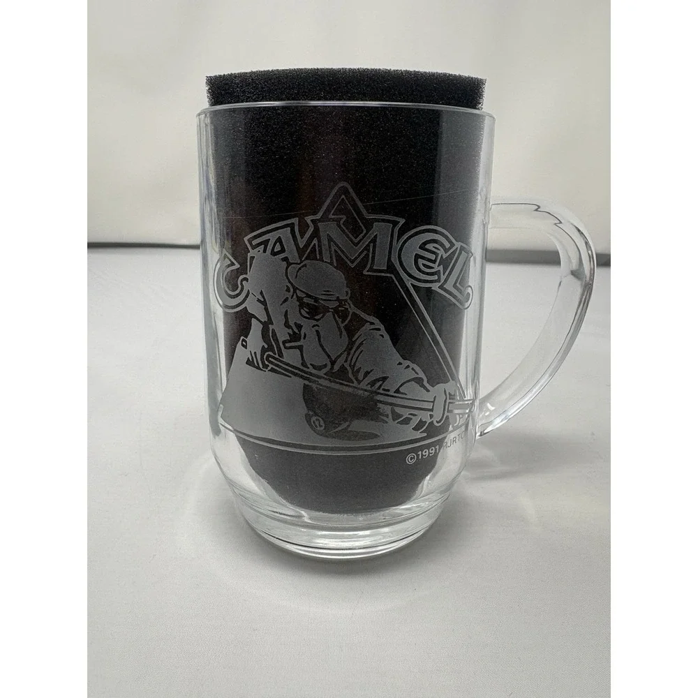 1991 Joe Camel Cigerettes Luminarc Clear Glass 16 oz Mug Etched Billiards Pool